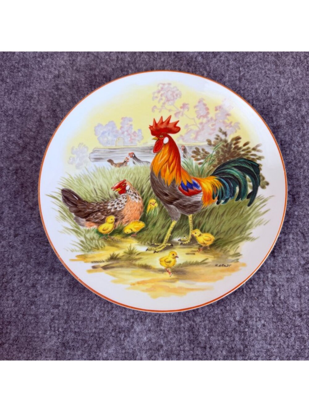 Vintage H. Arndt Chicken Family Porcelain Collector Plate - Rooster, Hen & Chick